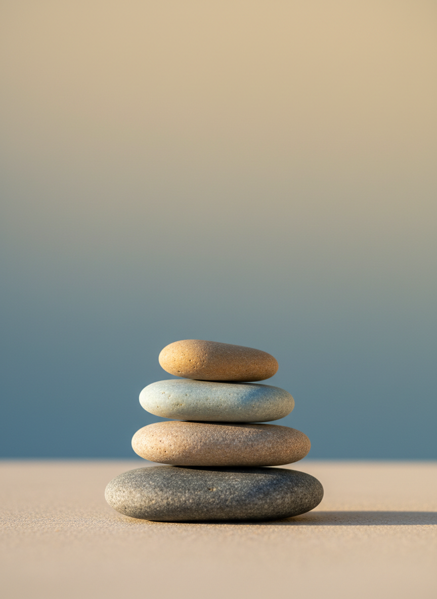 A symbolic representation of coping with anxiety and life transitions, depicted through a carefully stacked arrangement of smooth river stones on a light sand-colored surface. Each stone is a different muted tone—slate gray, soft beige, pale blue, and warm taupe—forming a balanced tower that appears stable yet gently imperfect. Behind the stones, an out-of-focus background shows a subtle gradient wall shifting from cool blue at the bottom to warmer cream at the top, suggesting movement from tension to ease. Soft morning natural light from the left casts delicate shadows and highlights each texture. Captured at eye level with shallow depth of field, the composition centers the stone tower. The photographic style is minimalist and serene, conveying themes of balance, resilience, and carefully tailored coping strategies in psychotherapy.