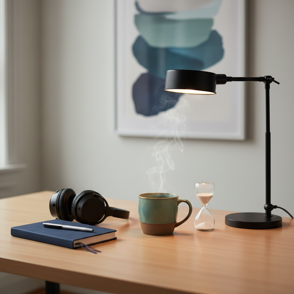 A close-up of a neatly arranged workspace designed for thoughtful reflection, with no people present. A smooth wooden desk holds a closed navy-blue therapy notebook, a pair of noise-canceling headphones, and a ceramic mug of herbal tea emitting faint steam. A small sand timer and a minimalistic metal desk lamp sit nearby. Warm lamp light blends with soft overcast daylight from an unseen window, creating a gentle, balanced illumination and subtle reflections on the desk surface. Shot from a slightly elevated angle with rule-of-thirds composition, the background fades into a soft blur of neutral walls and a framed abstract artwork in calming blues and greens. Photographic realism and a modern, uncluttered aesthetic convey focus, emotional safety, and quiet concentration, echoing themes of anxiety relief and stress management.